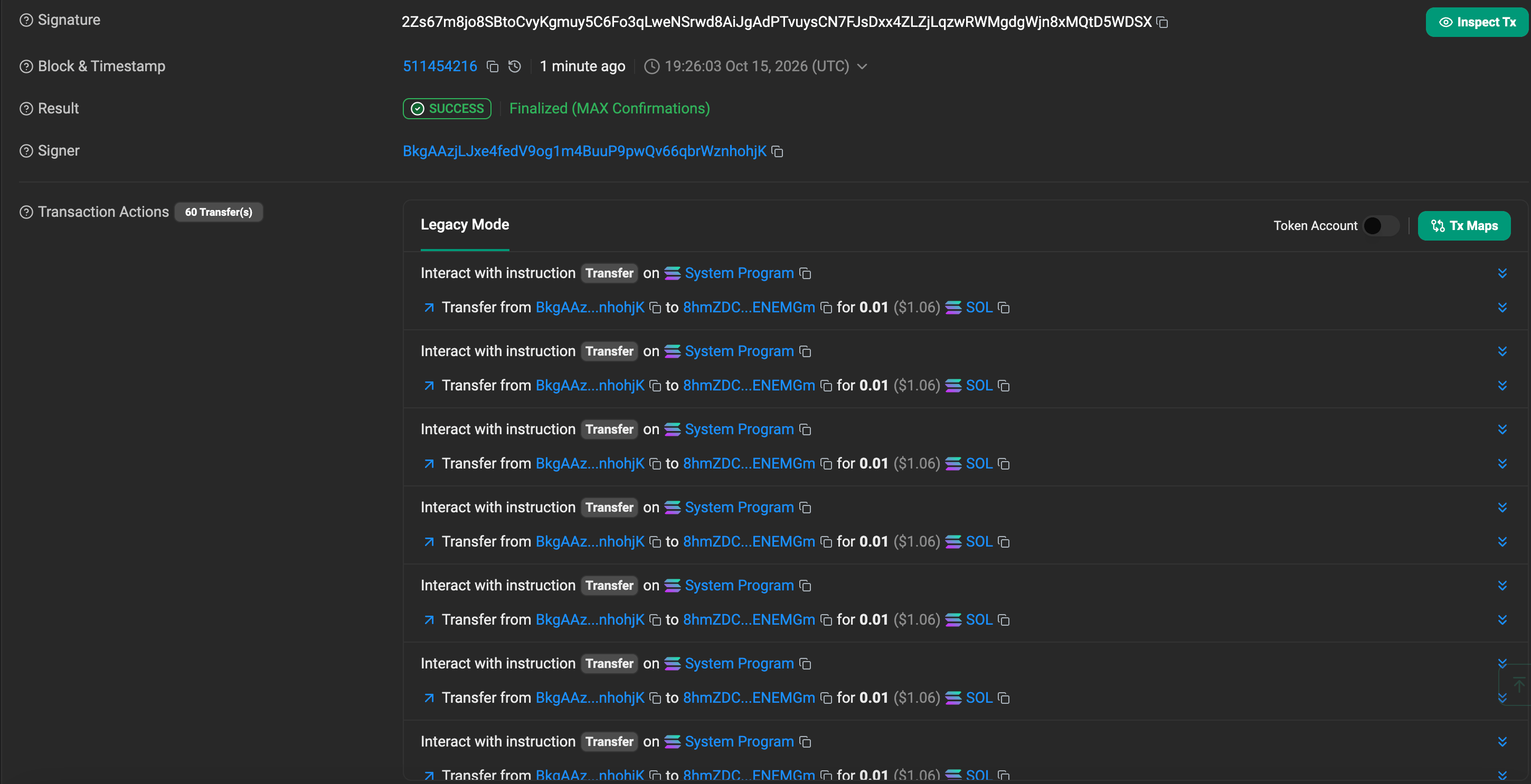 Solscan page for the confirmed devnet v1 batch with 60 System Program transfers in one transaction