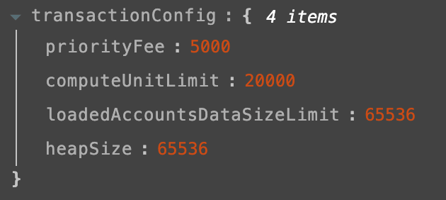 Solscan raw view of the transaction with transactionConfig: priorityFee 5000, computeUnitLimit 20000, loadedAccountsDataSizeLimit 65536, heapSize 65536