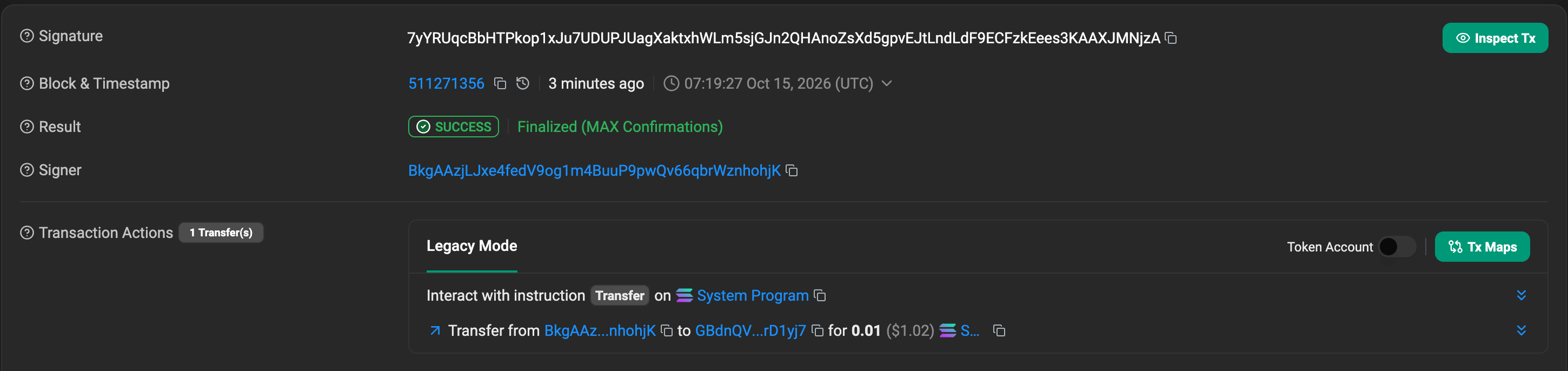 Solscan page for the confirmed devnet v1 transfer: signature, block 511271356, success, one System Program transfer of 0.01 SOL