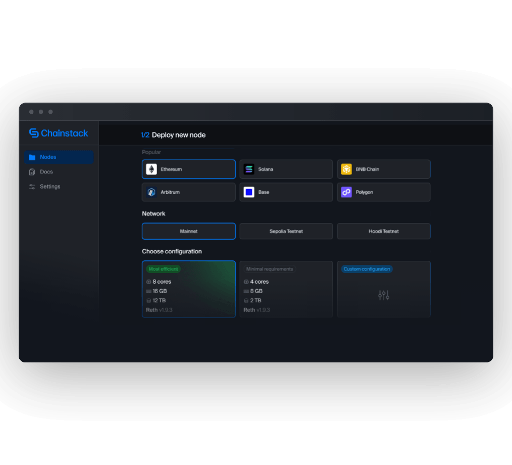 Chainstack Self-Hosted deploy new node wizard